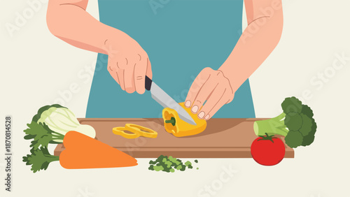 Person slicing a bright yellow bell pepper on a wooden cutting board with fresh vegetables around