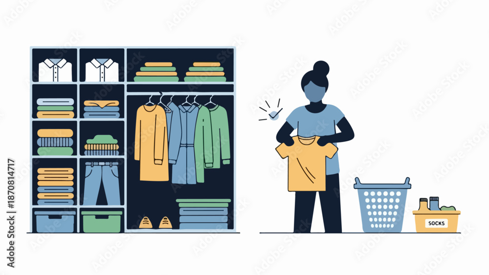 Fototapeta premium Woman organizing clothes in a well-organized closet with shelves and labeled bins
