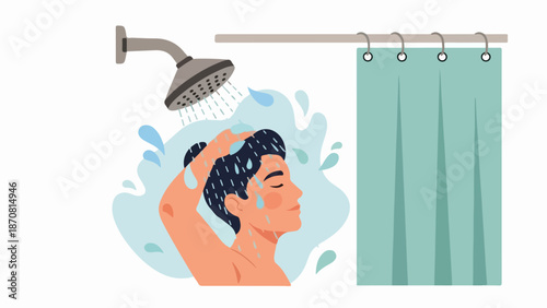 Woman with dark hair standing under a showerhead with cascading water in a modern bathroom