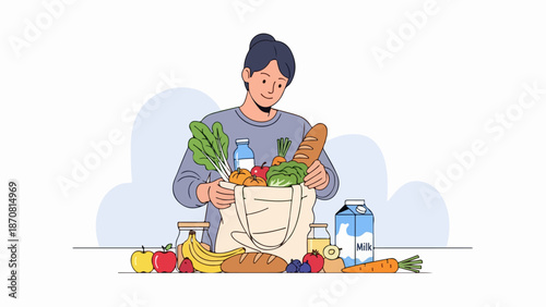 Woman holding reusable shopping bag with fresh produce in a bright, naturally lit space