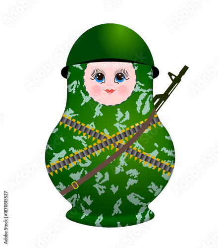 Wooden colored matryoshka doll in military uniform. Russian nesting dolls. Vector image.