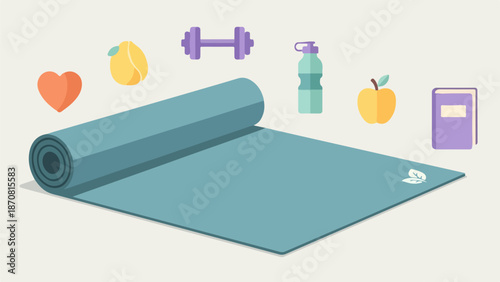 Wellness illustration with yoga mat, fitness equipment, and healthy lifestyle symbols