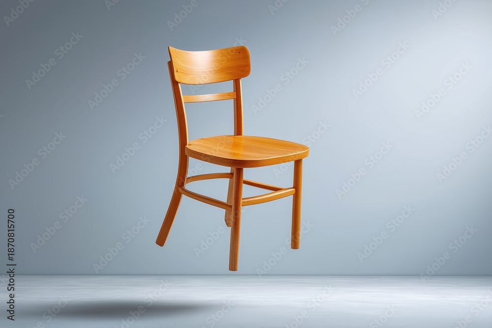 Obraz premium Floating wooden chair isolated on white background symbolizing minimalist furniture design balance craftsmanship and modern interior simplicity, Generative AI