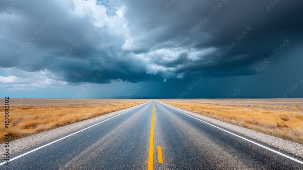 Fototapeta premium Endless road leading into stormy horizon symbolizing journey uncertainty freedom and decisive path forward through dramatic landscape and changing conditions, Generative AI