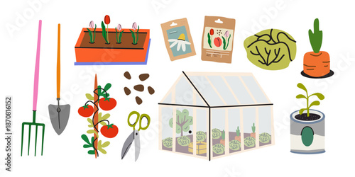 Cartoon set of agricultural garden and vegetable garden elements. Harvest season stickers. Gardening, agriculture and eco friend concept. Hand drawn doodle shapes. Vector illustration isolated