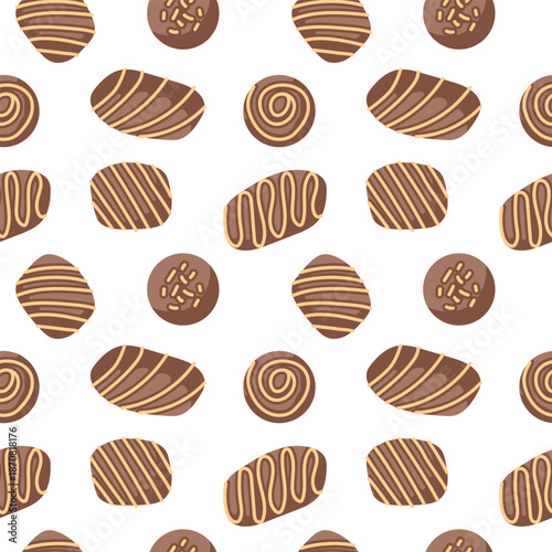 Seamless pattern with assorted chocolate candy and praline decorated with drizzle and sprinkle on a white background. Flat style illustration.