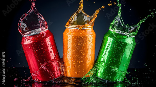 Colorful soda cans splashing in vivid motion captured with high speed