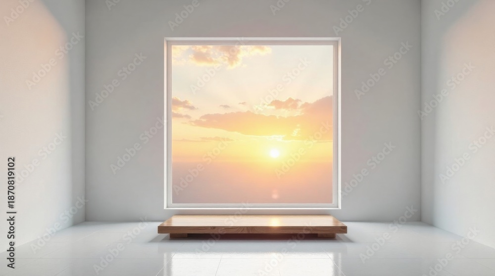 Fototapeta premium Serene Minimalist Interior with Sunset View and Low Wooden Platform