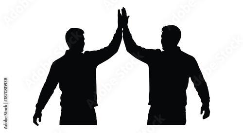Two men giving each other a high five black and white silhouette