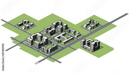 Isometric City Map Layout with Residential Buildings Roads and Green Spaces Modern Urban Planning Vector Illustration