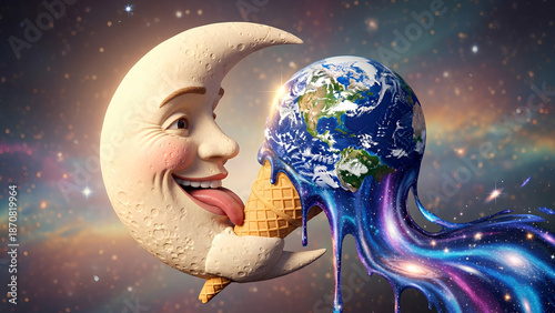 A surreal crescent moon licks an Earth-shaped ice cream, melting into galaxies, blending whimsy, cosmic fantasy, humor, and dreamlike imagination against a star-filled universe backdrop.
