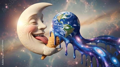 A surreal crescent moon licks an Earth-shaped ice cream, melting into galaxies, blending whimsy, cosmic fantasy, humor, and dreamlike imagination against a star-filled universe backdrop.
