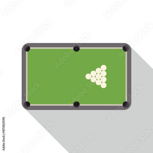 Pool table with triangular rack of white billiard balls from a top view