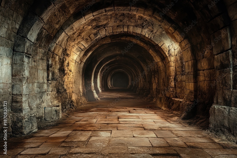 Fototapeta premium Ancient stone tunnel with arched walls illuminated by soft light in a mysterious underground setting