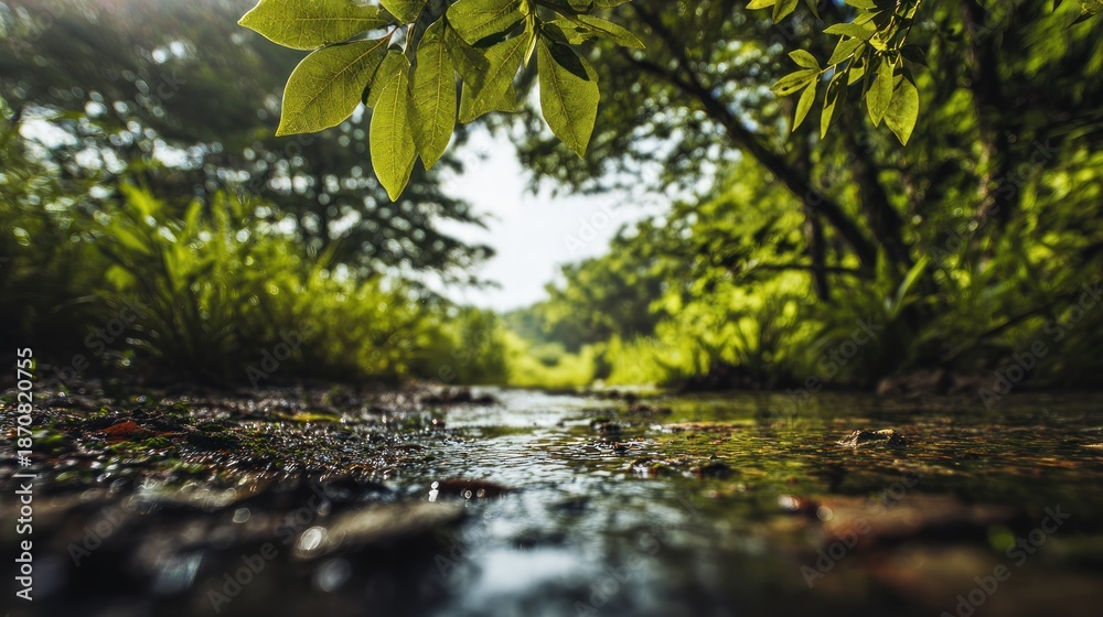 Fototapeta premium Serene Stream through Verdant Forest Canopy: Tranquil Nature Scenery