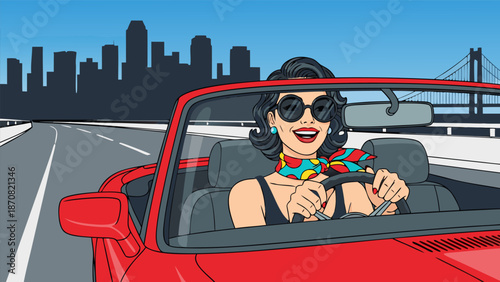 A cheerful woman in sunglasses enjoys a vibrant drive in a red convertible car, a modern city skyline in the background - vector illustration