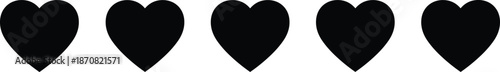 Black and white heart icons featuring five solid love symbols for social media appreciation, customer rating, health care, and romance