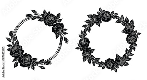 Floral wreaths composed of roses and leaves a decorative black silhouette