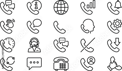 Black and white telephone communication icons featuring handset symbols, customer support agents, call center headsets, and digital messaging for services