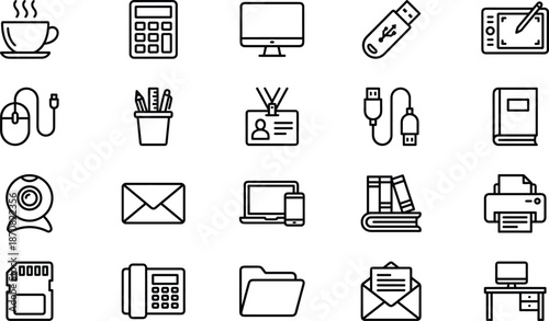Black and white technology icons, featuring computer hardware, office stationery, digital storage devices, and professional workplace communication tools for business