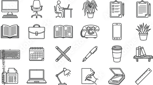 Large collection of black and white office workspace icons, featuring computers, stationery, furniture, and professional desk equipment for corporate business environments