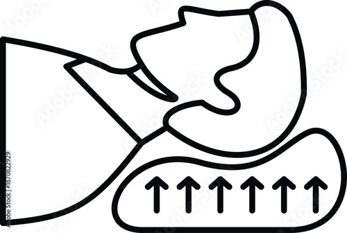 Person's head resting on an ergonomic pillow providing neck support with upward arrows