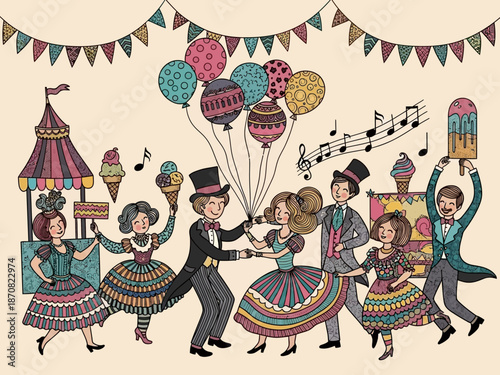 Vintage style illustration of people dancing with balloons and ice cream