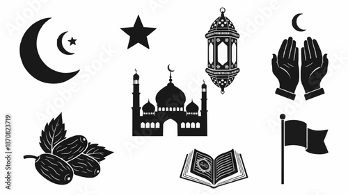 Black and white flat lay of various Islamic symbols and icons on a plain white background.