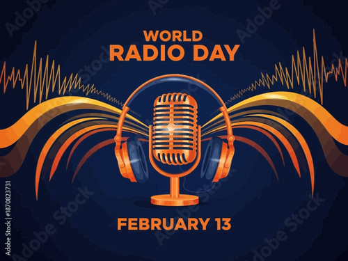 World radio day graphic with microphone and sound waves