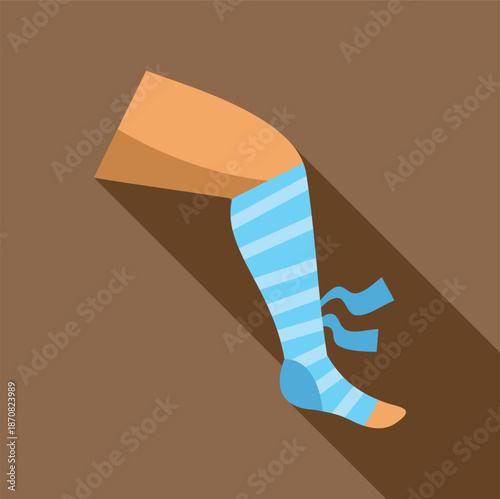 Human leg wearing compression bandage with light blue and white stripes