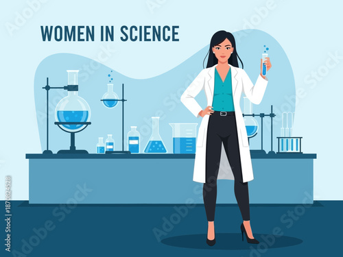 Female scientist in lab coat standing in laboratory setting
