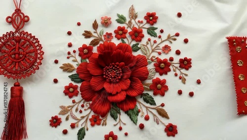 A close-up shows a white fabric adorned with a detailed red floral embroidery design, alongside a decorative red knot and a red envelope.