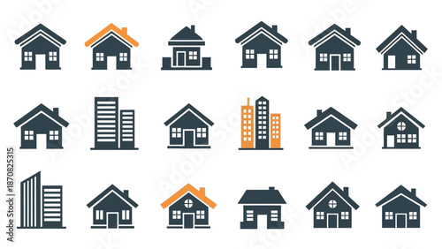 Collection of various house and building icons in different styles and designs