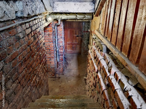 Konstfotografi Old brick basement corridor with wooden door and stairs