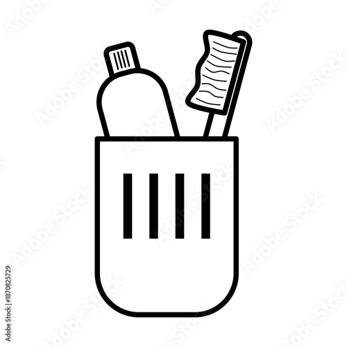 Toothbrush and toothpaste icon placed in a holder, isolated on a clean background with a simple minimalist design, suitable for bathroom visuals, dental care branding, and hygiene concept illustration