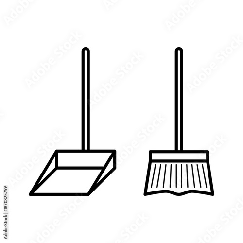 Broom and dustpan icon isolated on a clean background with a simple minimalist style, suitable for cleaning services, housekeeping, sanitation, and household maintenance concepts.