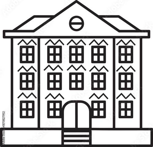 Large municipal building with symmetrical windows and central entrance representing government office or school facility