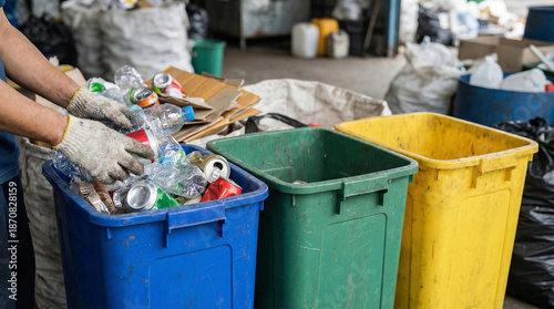Gloved hands sorting plastic bottles and cans into recycling bins