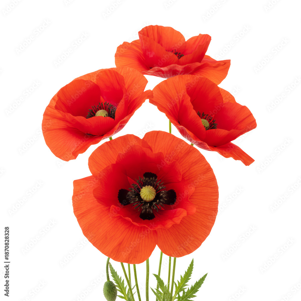 Obraz premium Vibrant red poppies with delicate petals and dark centers, isolated on white
