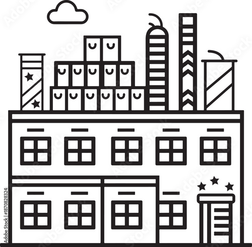 Building factory with windows and smokestacks line art industrial complex simple illustration cartoon style architectural design