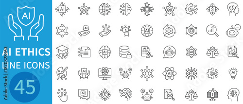 AI Ethics Vector Line Icon Set. Set of 45 artificial intelligence line icon set. Artificial intelligence,  digital, brain, ai, chip, technology and more. Vector illustration.