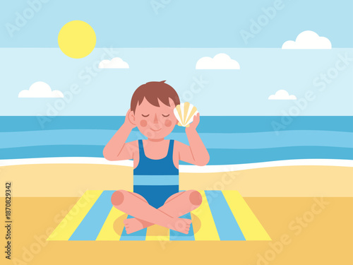 A young boy practices mindful listening with a seashell on a sunny beach. He?s relaxed and focused, embodying peacefulness and serenity. A beautiful, calming image.