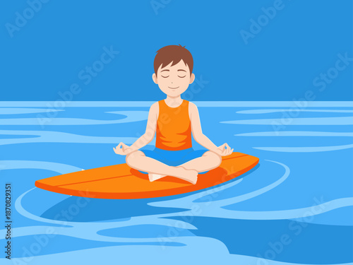 A young boy meditates on a surfboard in the ocean, demonstrating balance and tranquility. Vibrant colors and a serene composition make this image ideal for wellness and lifestyle content.
