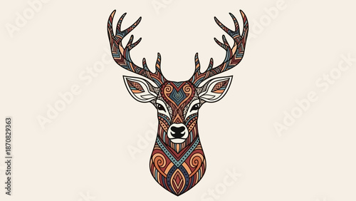 Intricate tribal-inspired illustrated deer head with detailed patterns and antlers