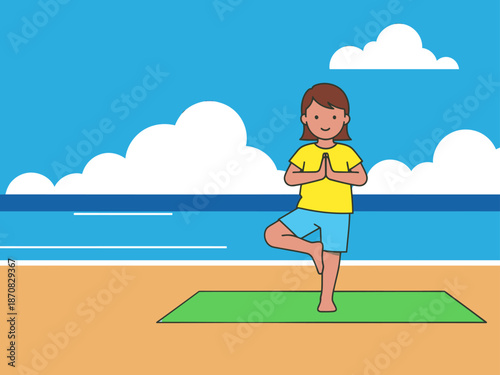A cheerful child practices yoga ? the Child?s Pose ? on a beach, bathed in sunlight. A vibrant, healthy image perfect for wellness and lifestyle content.