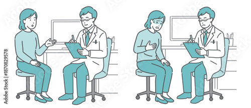 問診と体調不良の女性患者セット（男性医師・白衣）