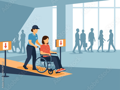 illustration depicts an inclusive evacuation drill with assistance  firefighter guides a woman in a wheelchair showcasing a supportive and accessible emergency procedure Modern graphic style