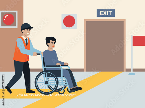 A helpful professional assists a man in a wheelchair down an evacuation route during an assistance drill. Clear signage and bright colors highlight accessibility.