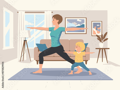 Mother and child practice yoga together in a bright, inviting living room. They are both in Warrior pose, promoting family wellness and healthy habits. A cheerful scene!