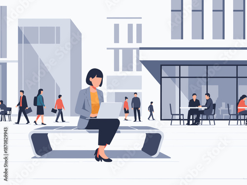 A professional woman works remotely on a laptop in a vibrant urban plaza. Modern, stylish, and ideal for business or lifestyle visuals.